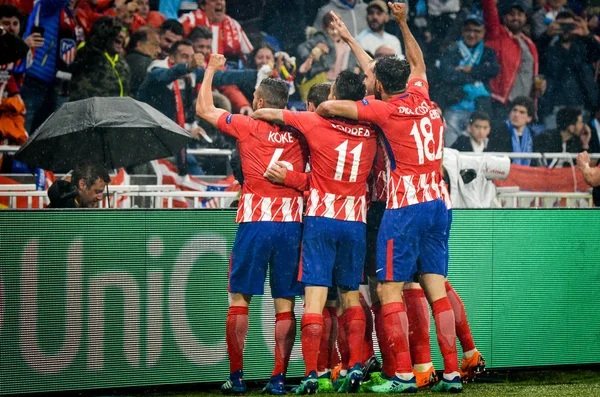 Lyon, Fransa - 16 Mayıs, 2018: futbolcuların Atletico Madrid Atletico Madrid – Olimpik Marsilya, Fransa arasında final Uefa Avrupa Ligi maçı sırasında Antoine Griezmann gol kutlamak