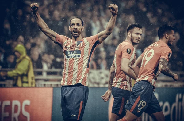 Lyon, Fransa - 16 Mayıs, 2018: Diego Godin Atletico Madrid vs Groupama Stadyumu, Fransa Olimpik Marsilya arasında final Uefa Avrupa Ligi maçı sırasında gol kutlamak