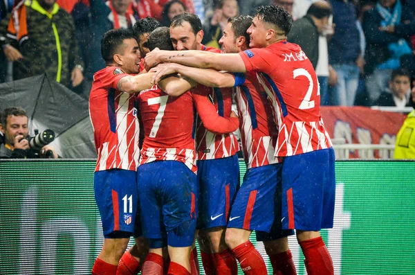 Lyon, Fransa - 16 Mayıs, 2018: futbolcuların Atletico Madrid Atletico Madrid – Olimpik Marsilya, Fransa arasında final Uefa Avrupa Ligi maçı sırasında Antoine Griezmann gol kutlamak