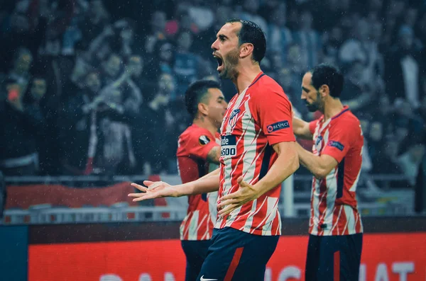 Lyon, Fransa - 16 Mayıs, 2018: Diego Godin Atletico Madrid vs Groupama Stadyumu, Fransa Olimpik Marsilya arasında final Uefa Avrupa Ligi maçı sırasında gol kutlamak