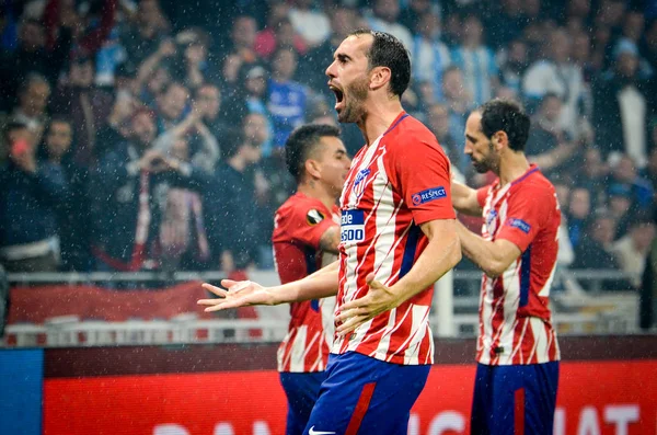 Lyon, Fransa - 16 Mayıs, 2018: Diego Godin Atletico Madrid vs Groupama Stadyumu, Fransa Olimpik Marsilya arasında final Uefa Avrupa Ligi maçı sırasında gol kutlamak