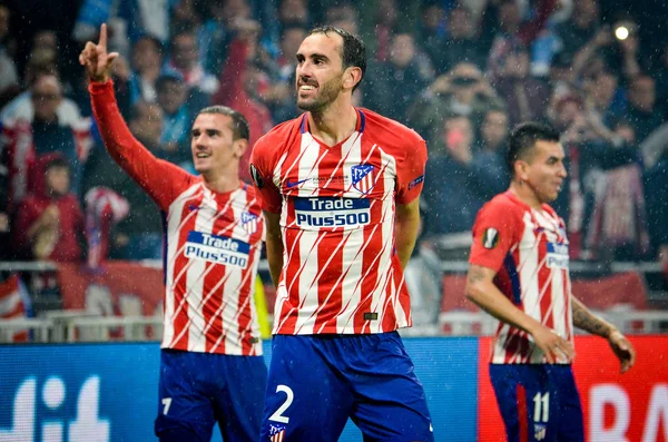 Lyon, Fransa - 16 Mayıs, 2018: Diego Godin Atletico Madrid vs Groupama Stadyumu, Fransa Olimpik Marsilya arasında final Uefa Avrupa Ligi maçı sırasında gol kutlamak
