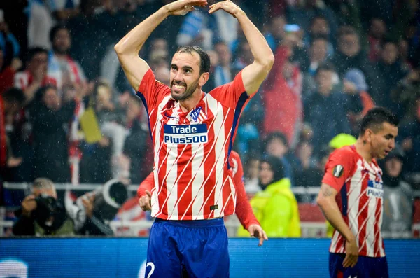 Lyon, Fransa - 16 Mayıs, 2018: Diego Godin Atletico Madrid vs Groupama Stadyumu, Fransa Olimpik Marsilya arasında final Uefa Avrupa Ligi maçı sırasında gol kutlamak