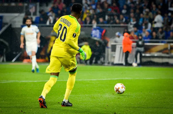Lyon, Fransa - 16 Mayıs, 2018: Steve Mandanda Atletico Madrid vs Groupama Stadyumu, Fransa Olimpik Marsilya arasında final Uefa Avrupa Ligi maçı sırasında