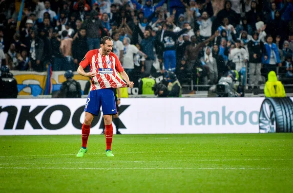 Lyon, Fransa - 16 Mayıs, 2018: kızgın Diego Godin Atletico Madrid vs Groupama Stadyumu, Fransa Olimpik Marsilya arasında final Uefa Avrupa Ligi maçı sırasında