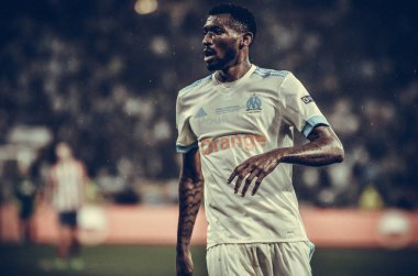 Lyon, Fransa - 16 Mayıs, 2018: Andre Zambo Anguissa arada Atletico Madrid vs Olimpik Marsilya Groupama Stadyumu, Fransa final Uefa Avrupa Ligi maçı sırasında