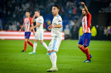 Lyon, Fransa - 16 Mayıs, 2018: Maxime Lopez Atletico Madrid vs Groupama Stadyumu, Fransa Olimpik Marsilya arasında final Uefa Avrupa Ligi maçı sırasında