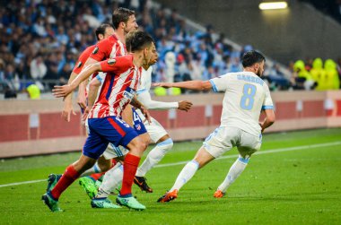 Lyon, Fransa - 16 Mayıs, 2018: Atletico Madrid vs Groupama Stadyumu, Fransa Olimpik Marsilya arasında final Uefa Avrupa Ligi maçı sırasında Morgan Sanson (R)
