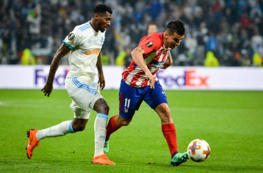 Lyon, Fransa - 16 Mayıs, 2018: futbolcu Atletico Madrid vs Groupama Stadyumu, Fransa Olimpik Marsilya arasında final Uefa Avrupa Ligi maçı sırasında