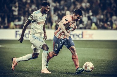 Lyon, Fransa - 16 Mayıs, 2018: futbolcu Atletico Madrid vs Groupama Stadyumu, Fransa Olimpik Marsilya arasında final Uefa Avrupa Ligi maçı sırasında