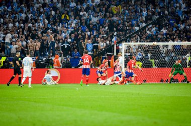 Lyon, Fransa - 16 Mayıs, 2018: futbolcu Atletico Madrid vs Groupama Stadyumu, Fransa Olimpik Marsilya arasında final Uefa Avrupa Ligi maçı sırasında