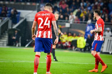 Lyon, Fransa - 16 Mayıs, 2018: Jose Gimenez Atletico Madrid vs Groupama Stadyumu, Fransa Olimpik Marsilya arasında final Uefa Avrupa Ligi maçı sırasında