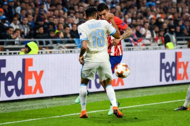 Lyon, Fransa - 16 Mayıs, 2018: Jordan Amavi arada Atletico Madrid vs Olimpik Marsilya Groupama Stadyumu, Fransa final Uefa Avrupa Ligi maçı sırasında