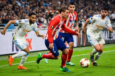 Lyon, Fransa - 16 Mayıs, 2018: Antoine Griezmann arada Atletico Madrid vs Olimpik Marsilya Groupama Stadyumu, Fransa final Uefa Avrupa Ligi maçı sırasında