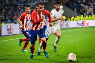 Lyon, Fransa - 16 Mayıs, 2018: Antoine Griezmann arada Atletico Madrid vs Olimpik Marsilya Groupama Stadyumu, Fransa final Uefa Avrupa Ligi maçı sırasında