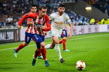 Lyon, Fransa - 16 Mayıs, 2018: Antoine Griezmann arada Atletico Madrid vs Olimpik Marsilya Groupama Stadyumu, Fransa final Uefa Avrupa Ligi maçı sırasında