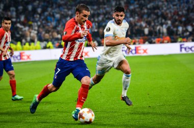 Lyon, Fransa - 16 Mayıs, 2018: Antoine Griezmann arada Atletico Madrid vs Olimpik Marsilya Groupama Stadyumu, Fransa final Uefa Avrupa Ligi maçı sırasında