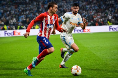Lyon, Fransa - 16 Mayıs, 2018: Antoine Griezmann arada Atletico Madrid vs Olimpik Marsilya Groupama Stadyumu, Fransa final Uefa Avrupa Ligi maçı sırasında