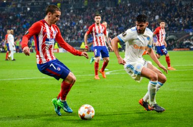 Lyon, Fransa - 16 Mayıs, 2018: Antoine Griezmann arada Atletico Madrid vs Olimpik Marsilya Groupama Stadyumu, Fransa final Uefa Avrupa Ligi maçı sırasında