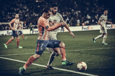 Lyon, Fransa - 16 Mayıs, 2018: Antoine Griezmann arada Atletico Madrid vs Olimpik Marsilya Groupama Stadyumu, Fransa final Uefa Avrupa Ligi maçı sırasında