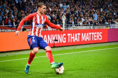 Lyon, Fransa - 16 Mayıs, 2018: Antoine Griezmann arada Atletico Madrid vs Olimpik Marsilya Groupama Stadyumu, Fransa final Uefa Avrupa Ligi maçı sırasında