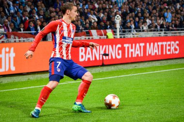 Lyon, Fransa - 16 Mayıs, 2018: Antoine Griezmann arada Atletico Madrid vs Olimpik Marsilya Groupama Stadyumu, Fransa final Uefa Avrupa Ligi maçı sırasında