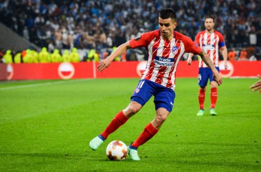 Lyon, Fransa - 16 Mayıs, 2018: Angel Correa Atletico Madrid vs Groupama Stadyumu, Fransa Olimpik Marsilya arasında final Uefa Avrupa Ligi maçı sırasında