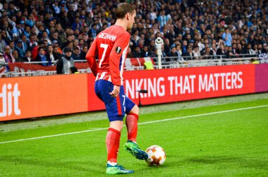 Lyon, Fransa - 16 Mayıs, 2018: Antoine Griezmann arada Atletico Madrid vs Olimpik Marsilya Groupama Stadyumu, Fransa final Uefa Avrupa Ligi maçı sırasında