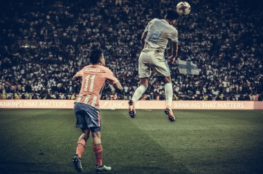 Lyon, Fransa - 16 Mayıs, 2018: Angel Correa Jordan Amavi (R) arada Atletico Madrid vs Olimpik Marsilya Groupama Stadyumu, Fransa final Uefa Avrupa Ligi maçı sırasında karşı