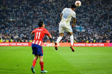 Lyon, Fransa - 16 Mayıs, 2018: Angel Correa Jordan Amavi (R) arada Atletico Madrid vs Olimpik Marsilya Groupama Stadyumu, Fransa final Uefa Avrupa Ligi maçı sırasında karşı