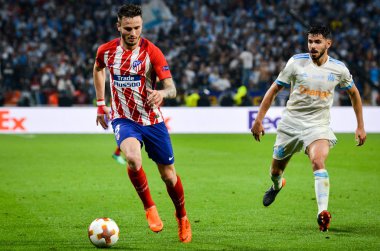 Lyon, Fransa - 16 Mayıs, 2018: Saul Niguez arada Atletico Madrid vs Olimpik Marsilya Groupama Stadyumu, Fransa final Uefa Avrupa Ligi maçı sırasında