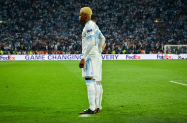 Lyon, Fransa - 16 Mayıs, 2018: Clinton N'Jie arada Atletico Madrid vs Olimpik Marsilya Groupama Stadyumu, Fransa final Uefa Avrupa Ligi maçı sırasında