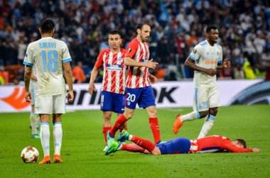 Lyon, Fransa - 16 Mayıs, 2018: Jordan Amavi (L) arada Atletico Madrid vs Olimpik Marsilya Groupama Stadyumu, Fransa final Uefa Avrupa Ligi maçı sırasında