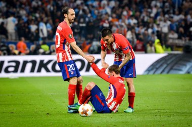 Lyon, Fransa - 16 Mayıs, 2018: Antoine Griezmann düşüp final Uefa Avrupa Ligi maçı sırasında arada Atletico Madrid vs Olimpik Marsilya Groupama Stadyumu, Fransa