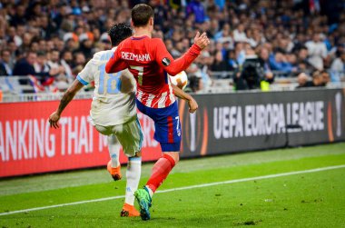 Lyon, Fransa - 16 Mayıs, 2018: Antoine Griezmann arada Atletico Madrid vs Olimpik Marsilya Groupama Stadyumu, Fransa final Uefa Avrupa Ligi maçı sırasında