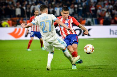 Lyon, Fransa - 16 Mayıs, 2018: Maxime Lopez Atletico Madrid vs Groupama Stadyumu, Fransa Olimpik Marsilya arasında final Uefa Avrupa Ligi maçı sırasında