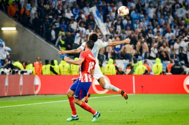 Lyon, Fransa - 16 Mayıs, 2018: Diego Costa Jordan Amavi (R) arada Atletico Madrid vs Olimpik Marsilya Groupama Stadyumu, Fransa final Uefa Avrupa Ligi maçı sırasında karşı