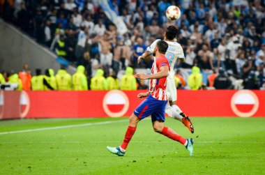 Lyon, Fransa - 16 Mayıs, 2018: Diego Costa Jordan Amavi (R) arada Atletico Madrid vs Olimpik Marsilya Groupama Stadyumu, Fransa final Uefa Avrupa Ligi maçı sırasında karşı