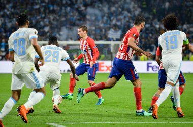 Lyon, Fransa - 16 Mayıs, 2018: Atletico Madrid vs Groupama Stadyumu, Fransa Olimpik Marsilya arasında final Uefa Avrupa Ligi maçı sırasında Antoine Griezmann (C)