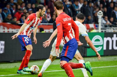 Lyon, Fransa - 16 Mayıs, 2018: Antoine Griezmann arada Atletico Madrid vs Olimpik Marsilya Groupama Stadyumu, Fransa final Uefa Avrupa Ligi maçı sırasında