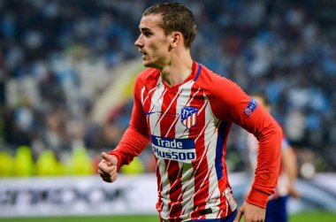 Lyon, Fransa - 16 Mayıs, 2018: Antoine Griezmann arada Atletico Madrid vs Olimpik Marsilya Groupama Stadyumu, Fransa final Uefa Avrupa Ligi maçı sırasında