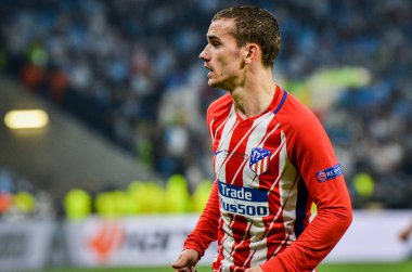 Lyon, Fransa - 16 Mayıs, 2018: Antoine Griezmann arada Atletico Madrid vs Olimpik Marsilya Groupama Stadyumu, Fransa final Uefa Avrupa Ligi maçı sırasında