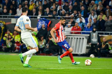 Lyon, Fransa - 16 Mayıs, 2018: Adil Rami sırasında final Uefa Avrupa Ligi maç arada Atletico Madrid vs Olimpik Marsilya Groupama Stadyumu, Fransa