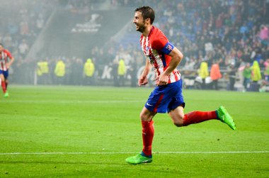 Lyon, Fransa - 16 Mayıs, 2018: Gabi Atletico Madrid vs Groupama Stadyumu, Fransa Olimpik Marsilya arasında final Uefa Avrupa Ligi maçı sırasında gol kutlamak