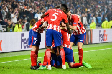 Lyon, Fransa - 16 Mayıs, 2018: futbolcu Atletico Madrid vs Groupama Stadyumu, Fransa Olimpik Marsilya arasında final Uefa Avrupa Ligi maçı sırasında