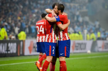 Lyon, Fransa - 16 Mayıs, 2018: Diego Godin ve Gabi kutlamak Atletico Madrid vs Groupama Stadyumu, Fransa Olimpik Marsilya arasında final Uefa Avrupa Ligi maçı sırasında gol
