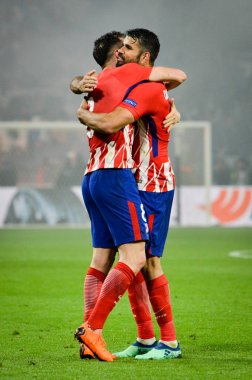 Lyon, Fransa - 16 Mayıs, 2018: Saul Niguez ve Diego Costa (R) sırasında final Uefa Avrupa Ligi maç arada Atletico Madrid vs Olimpik Marsilya Groupama Stadyumu, Fransa