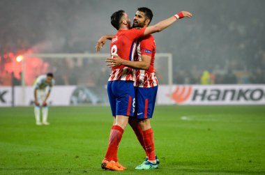 Lyon, Fransa - 16 Mayıs, 2018: Saul Niguez ve Diego Costa (R) sırasında final Uefa Avrupa Ligi maç arada Atletico Madrid vs Olimpik Marsilya Groupama Stadyumu, Fransa