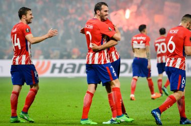 Lyon, Fransa - 16 Mayıs, 2018: Diego Godin ve takım kutlamak Atletico Madrid vs Groupama Stadyumu, Fransa Olimpik Marsilya arasında final Uefa Avrupa Ligi maçı sırasında gol