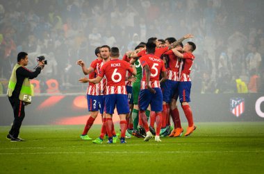 Lyon, Fransa - 16 Mayıs, 2018: Athletico Madrid final Uefa Avrupa Ligi Groupama Stadyumu, Fransa Marsilya karşı zafer kutluyor